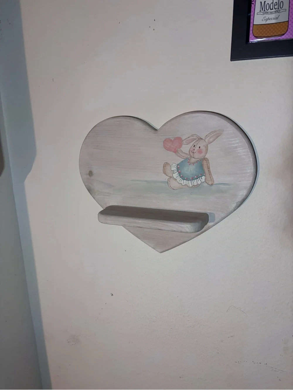 White washed Heart-Shaped Wooden Wall Shelf with Bunny Accent